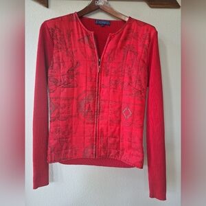 J. McLaughlin Womens Red Quilted Front Silk Full Zip Sweater/Jacket Size M